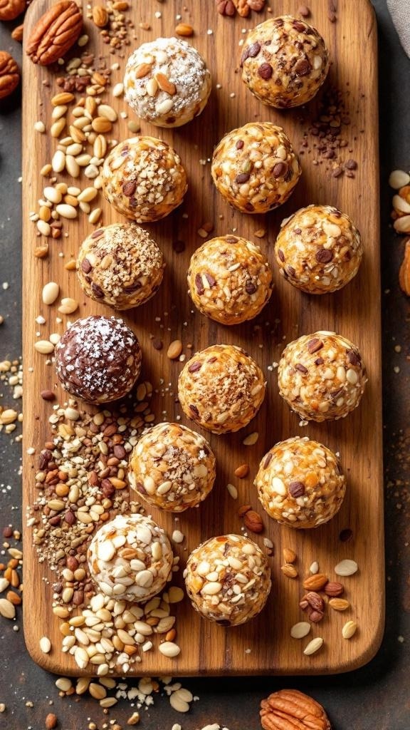 A variety of protein-packed energy bites arranged on a wooden board, topped with nuts and seeds.