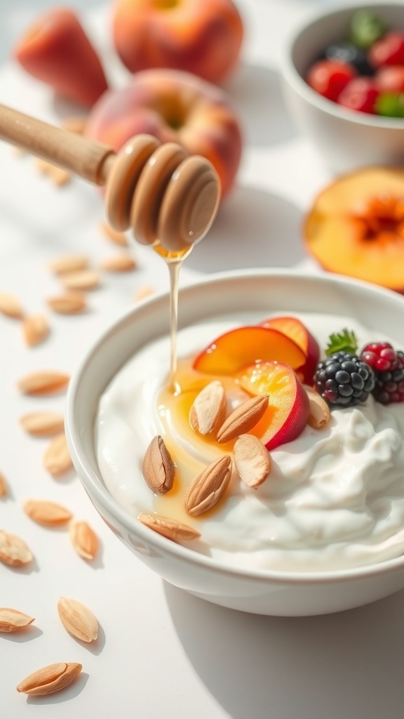 A bowl of Greek yogurt topped with sliced peaches, nuts, and honey, with fresh fruits in the background.
