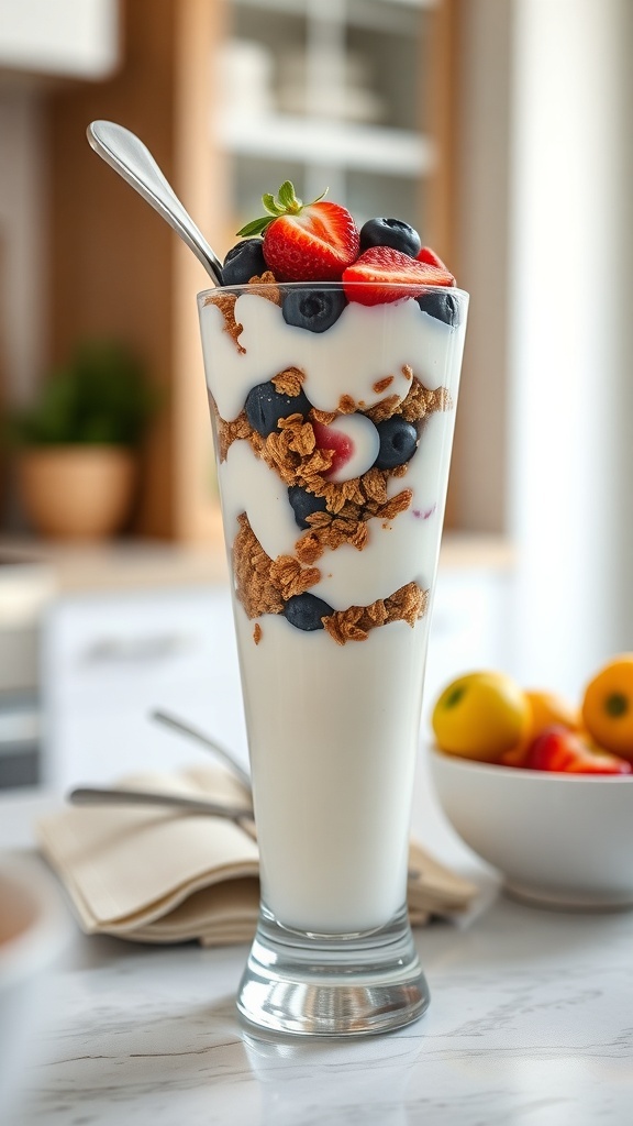 A delicious Greek yogurt parfait with layers of yogurt, granola, and fresh berries.