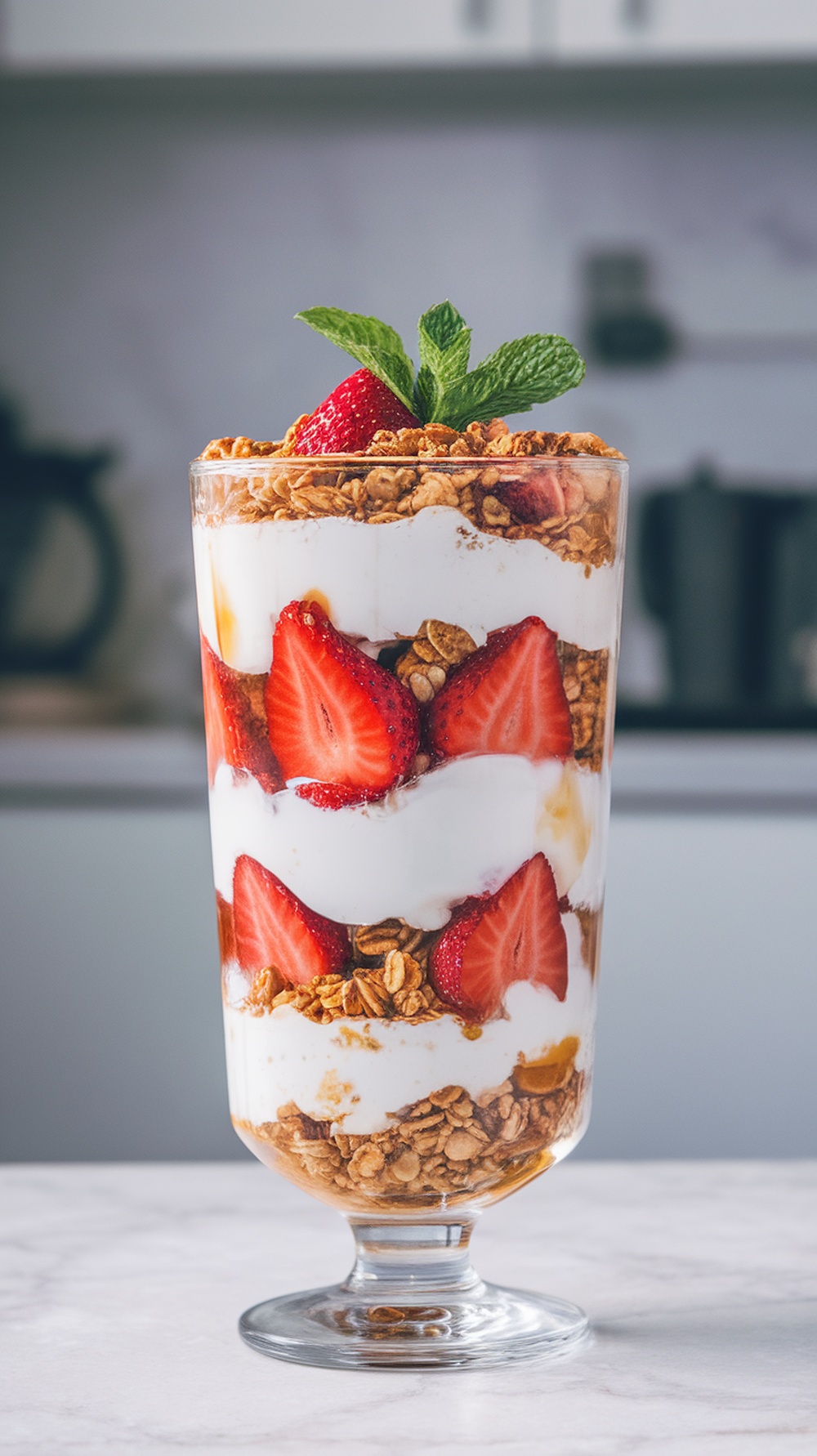 A delicious Greek yogurt parfait layered with strawberries and granola in a glass.