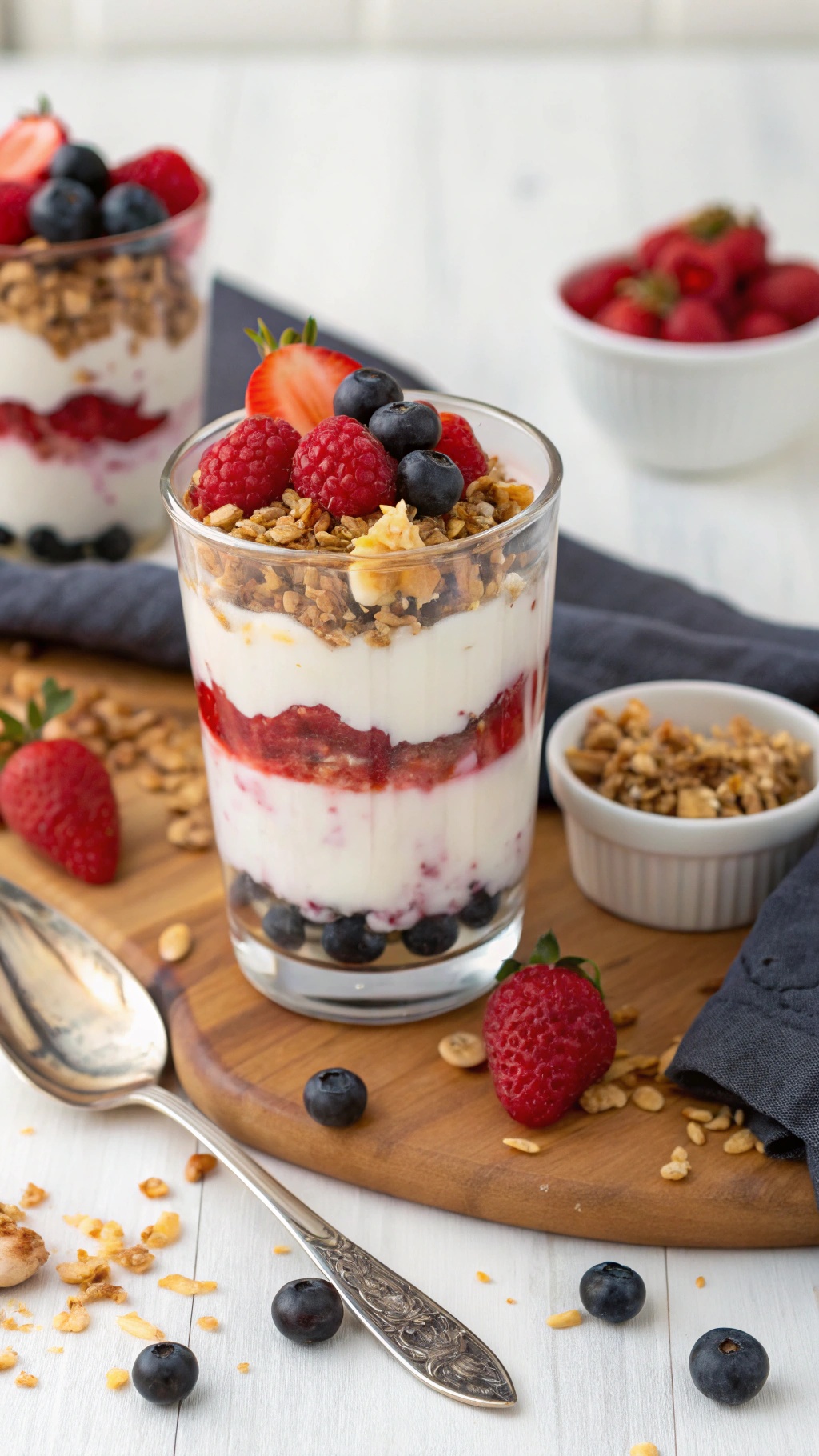 A delicious Greek yogurt parfait with layers of yogurt, berries, and granola.