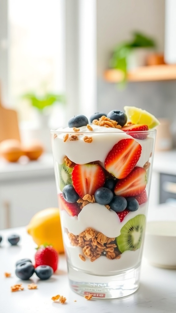 A colorful Greek yogurt parfait with layers of yogurt, berries, and granola.