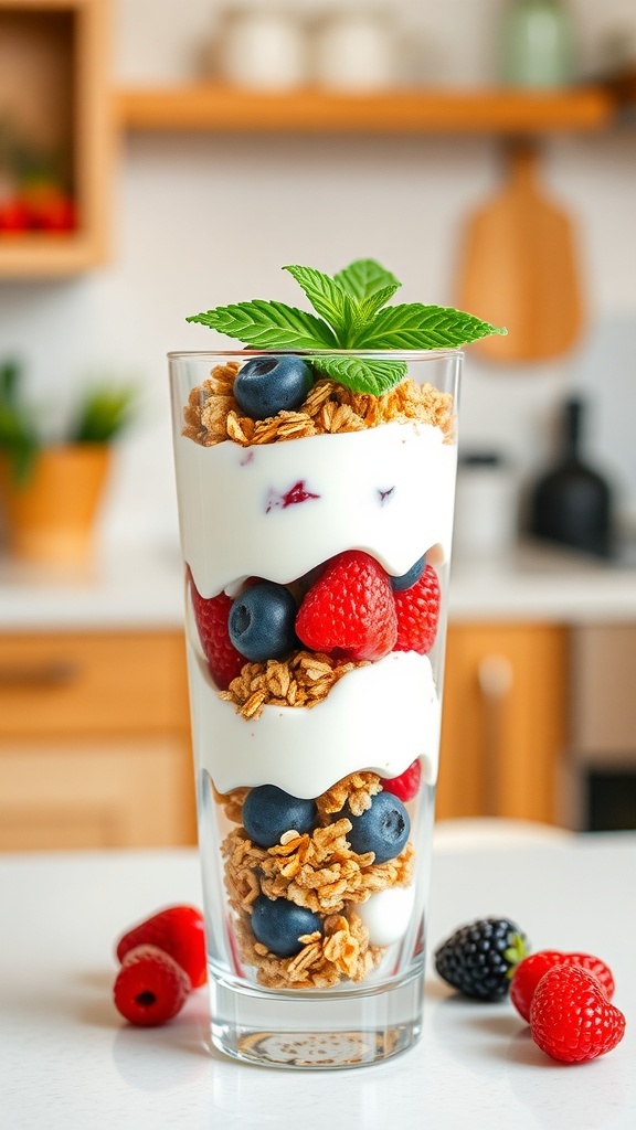 A delicious Greek yogurt parfait layered with granola and fresh berries, topped with mint leaves.