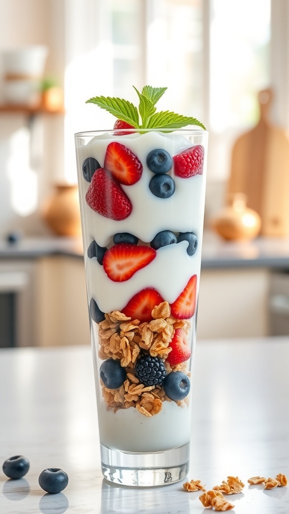 A delicious Greek yogurt parfait with layers of yogurt, berries, and granola in a tall glass.