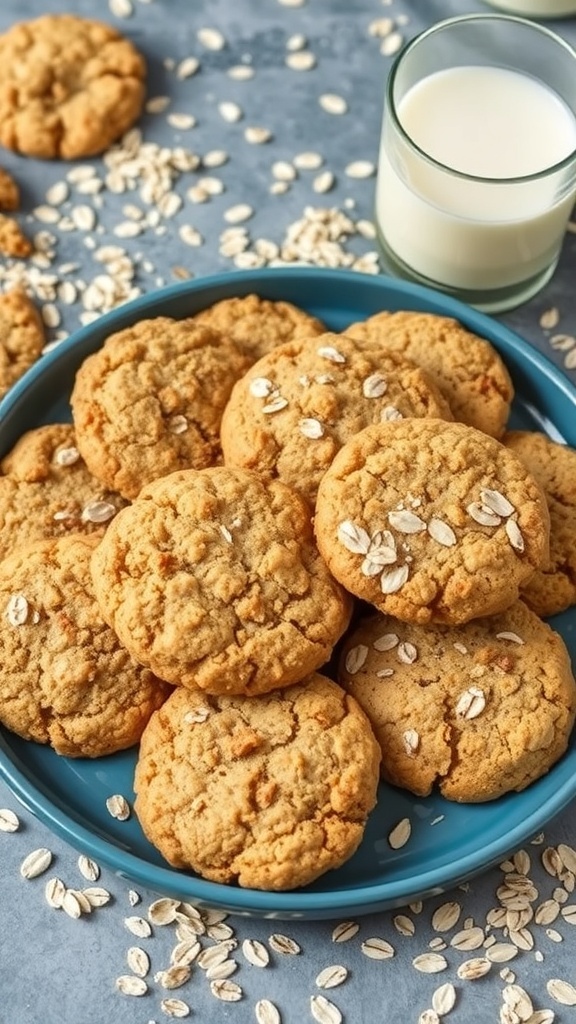 A plate of protein-packed oatmeal snickerdoodle cookies with a glass of milk.