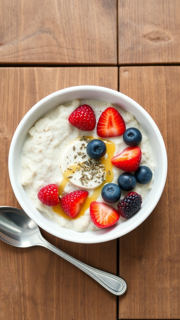 A bowl of overnight oats topped with fresh berries and honey.