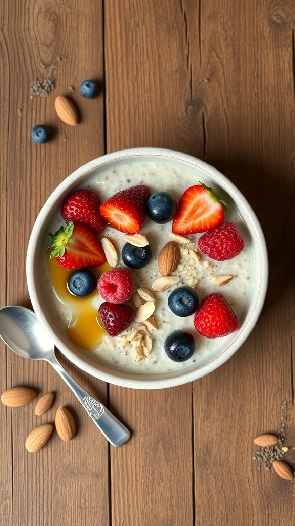 A bowl of overnight oats topped with strawberries, blueberries, raspberries, and almonds on a wooden table.