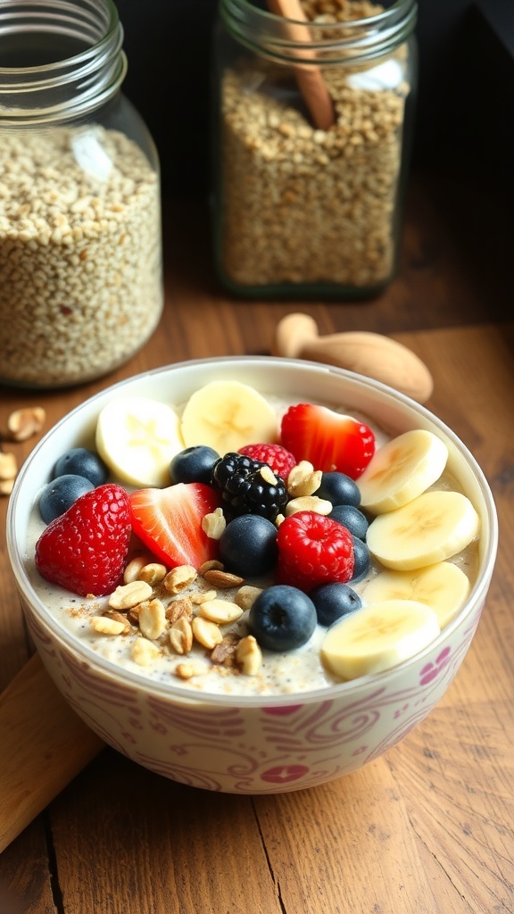 A bowl of overnight oats topped with banana slices, mixed berries, and nuts, with a jar of oats in the background.