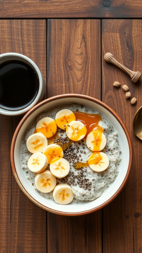 A bowl of overnight oats topped with banana slices and honey, with a cup of coffee beside it.