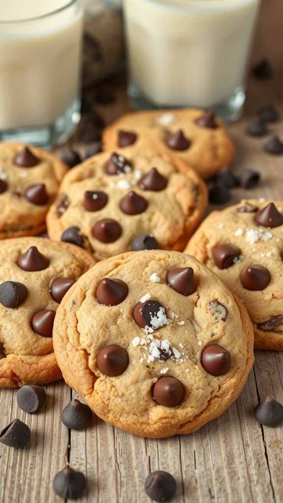 Delicious peanut butter chocolate chip cookies with chocolate chips and a glass of milk