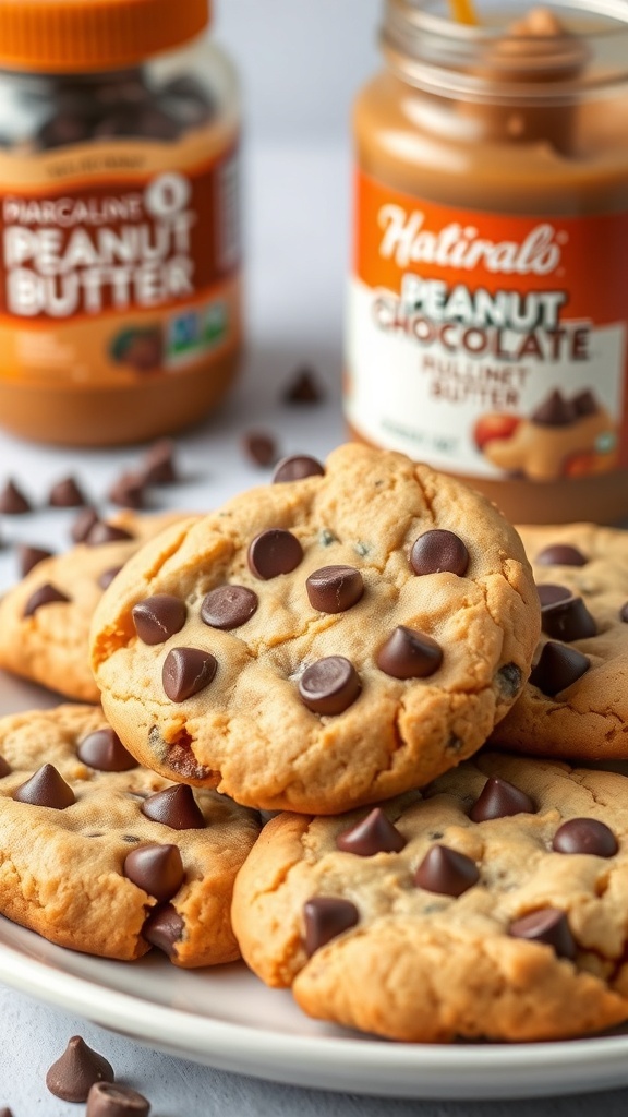 Plate of peanut butter chocolate chip cookies with jars of peanut butter and chocolate spread in the background.