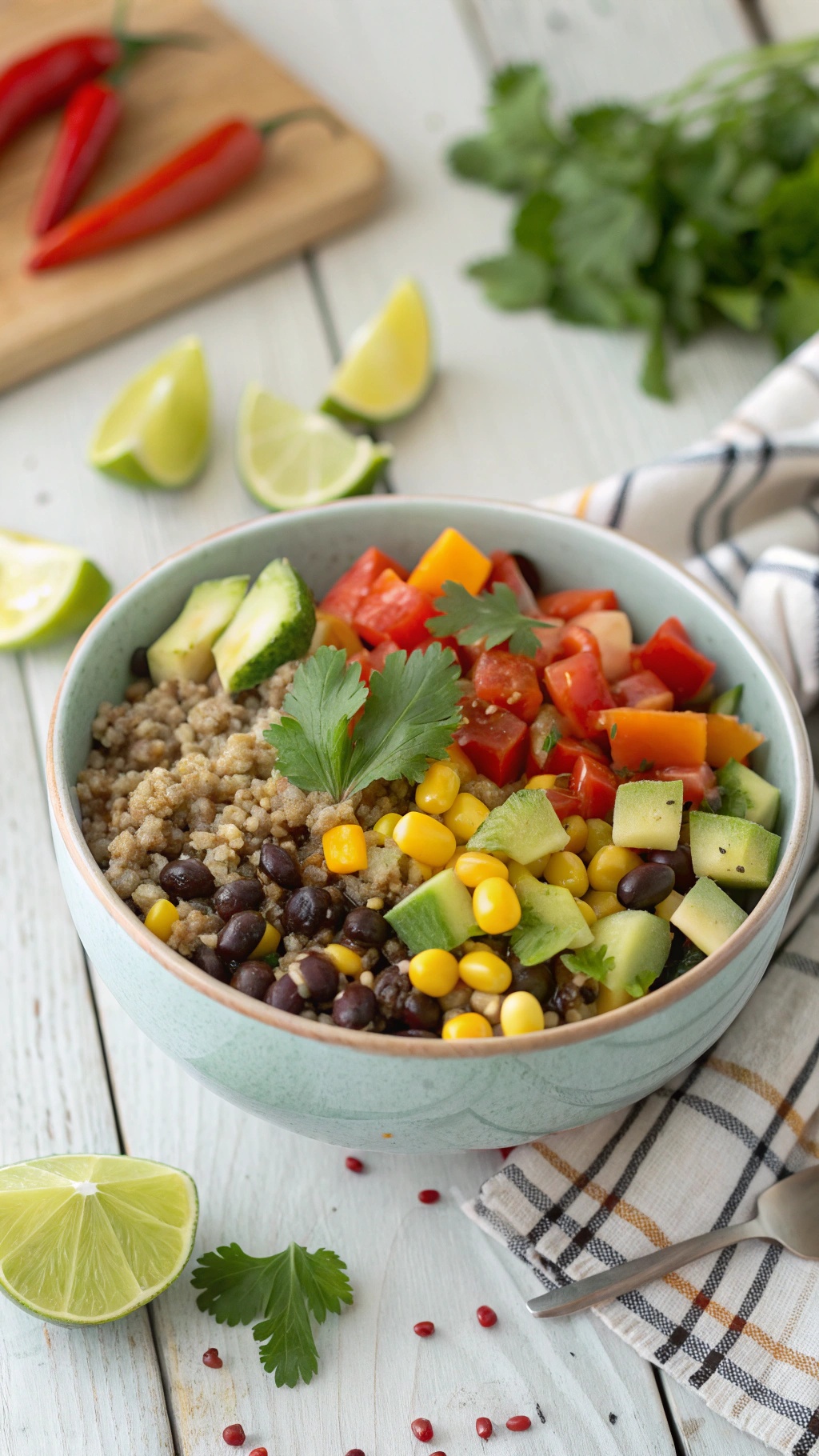 A colorful bowl of quinoa and black beans topped with fresh vegetables and lime.