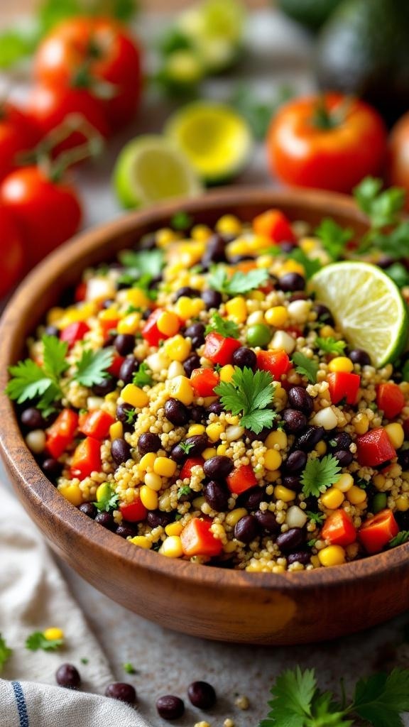 A colorful quinoa and black bean salad with corn, red peppers, and cilantro in a wooden bowl.