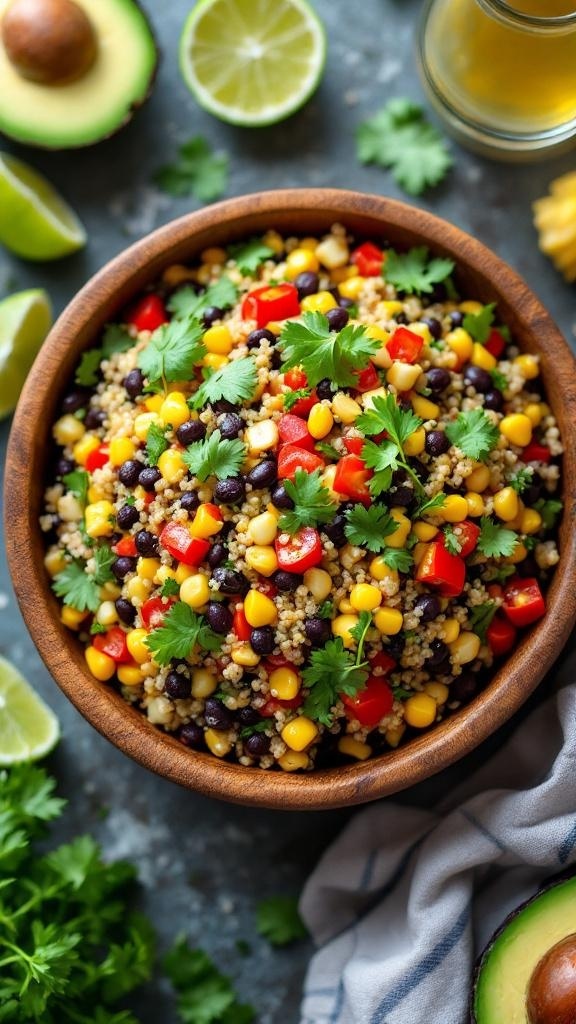A colorful quinoa and black bean salad with corn, bell peppers, and cilantro in a wooden bowl.