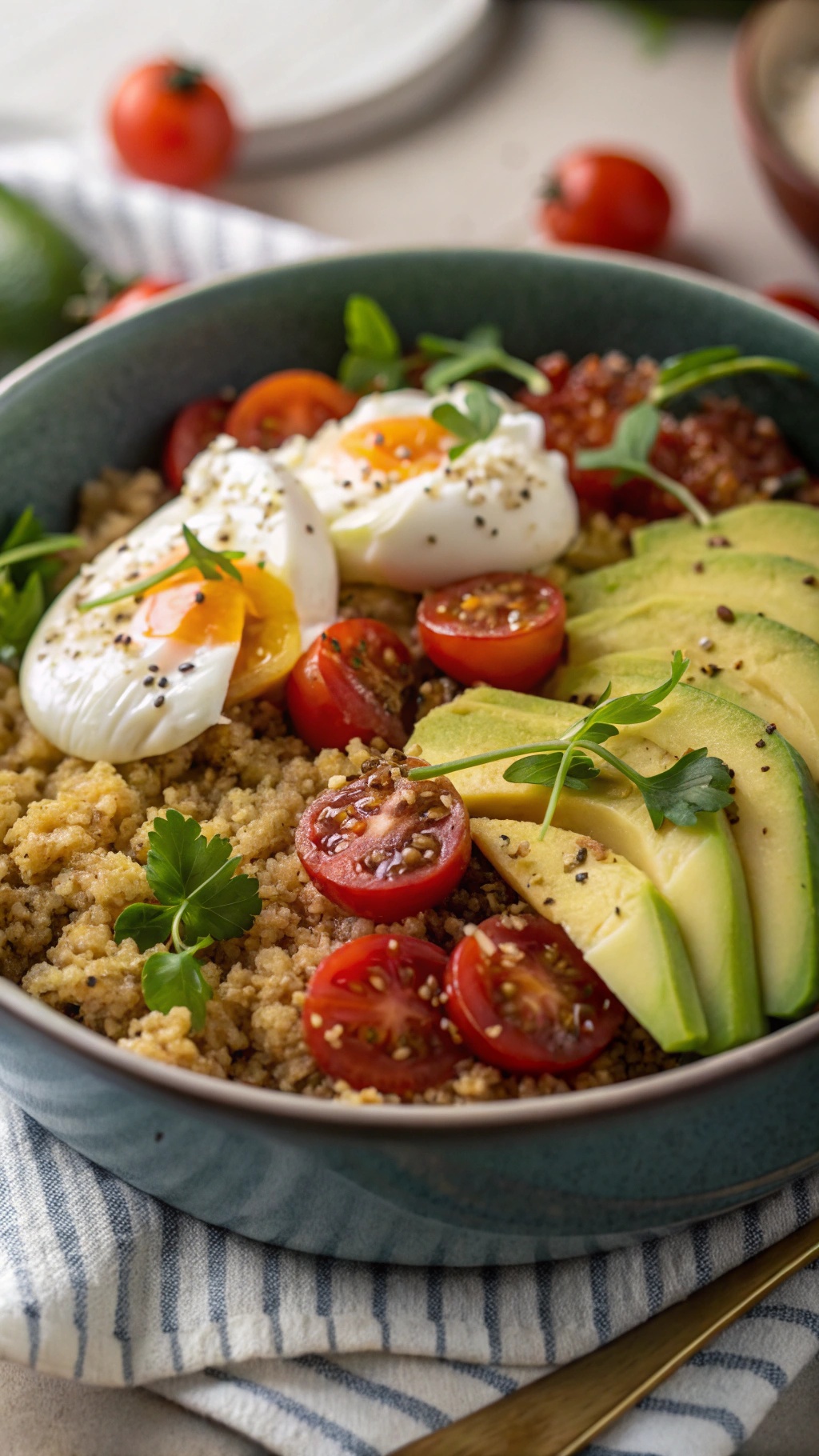 A colorful quinoa breakfast bowl with avocado, poached egg, green peas, and cherry tomatoes.