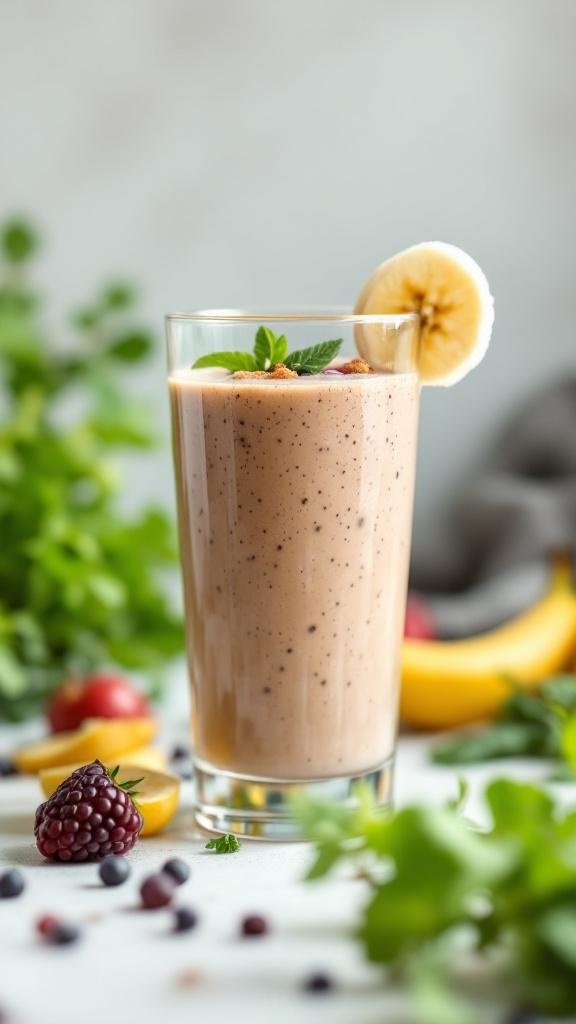 A tall glass of protein-packed smoothie topped with a banana slice and mint, surrounded by fresh fruits.
