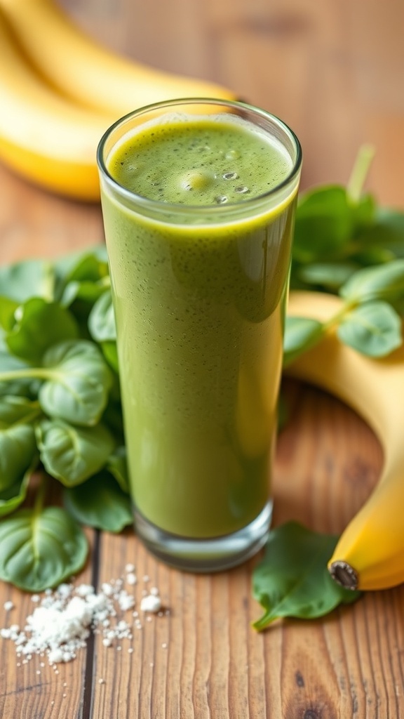 A green smoothie made with spinach and banana in a glass, surrounded by fresh spinach leaves and bananas.