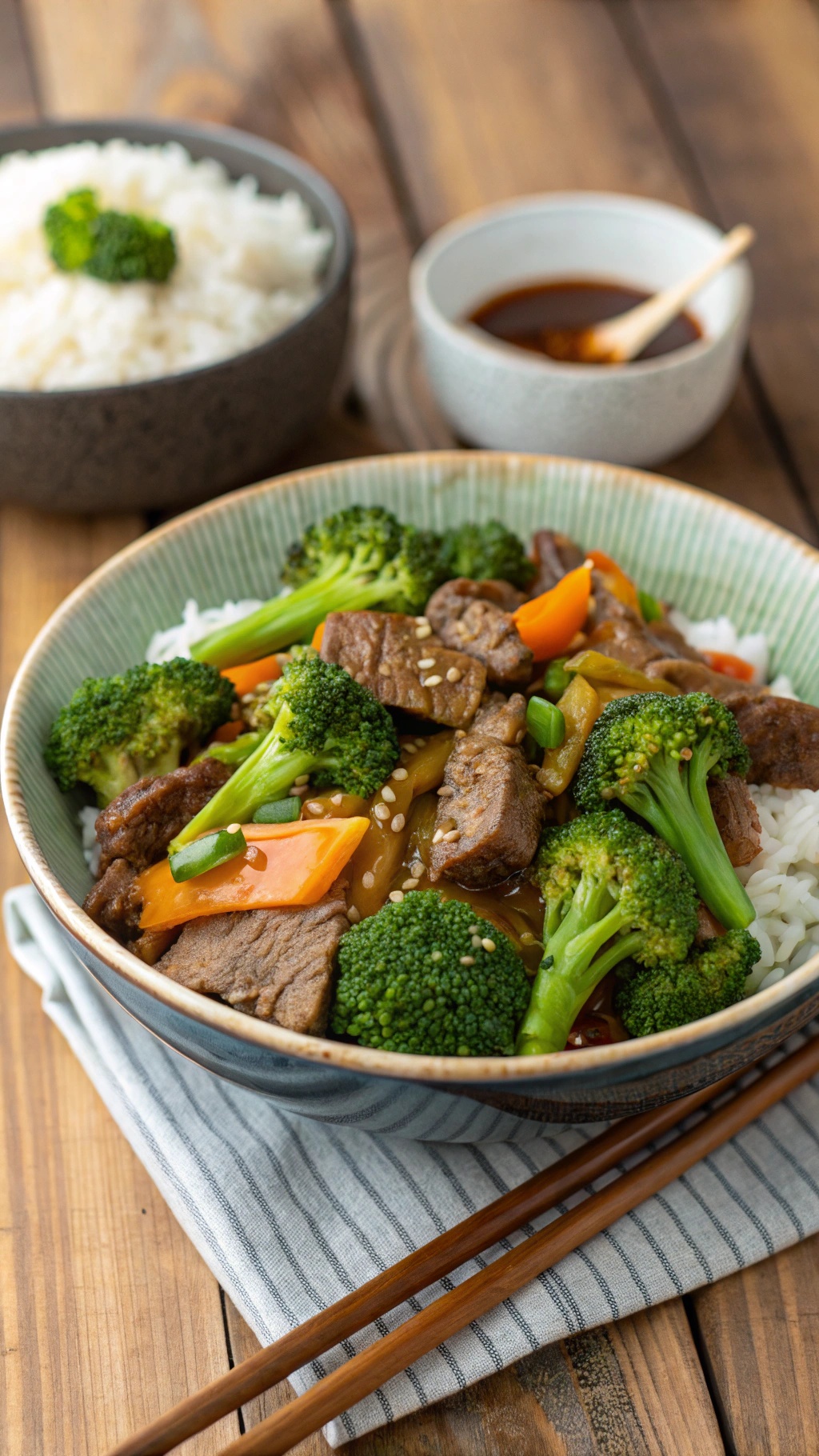 A delicious beef and broccoli bowl with colorful vegetables served over rice.