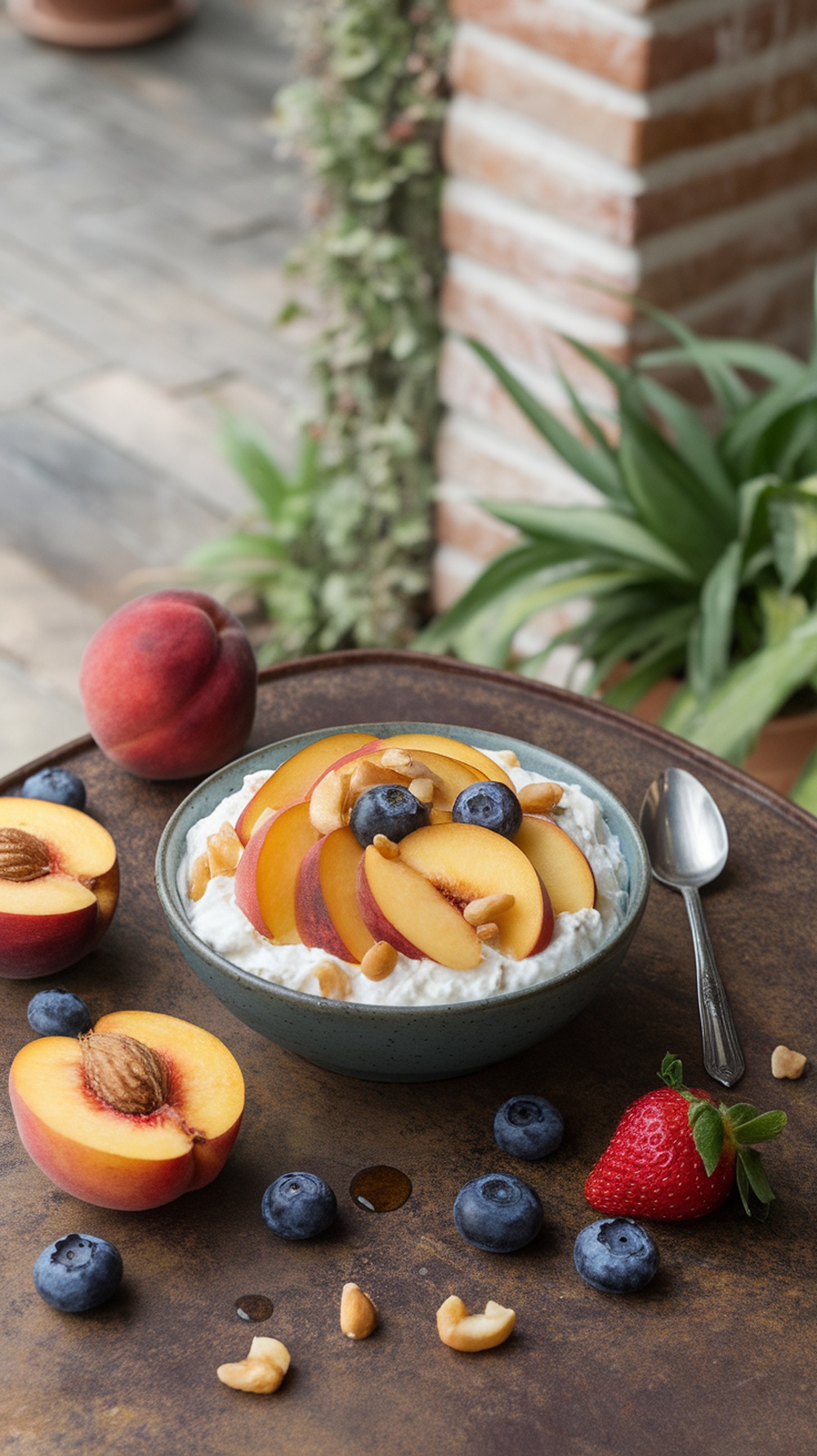 A bowl of cottage cheese topped with peach slices, blueberries, and cashews, with fresh fruit surrounding it.