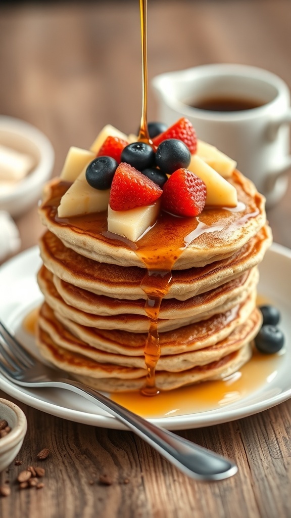 Stack of cottage cheese pancakes topped with fresh fruits and syrup