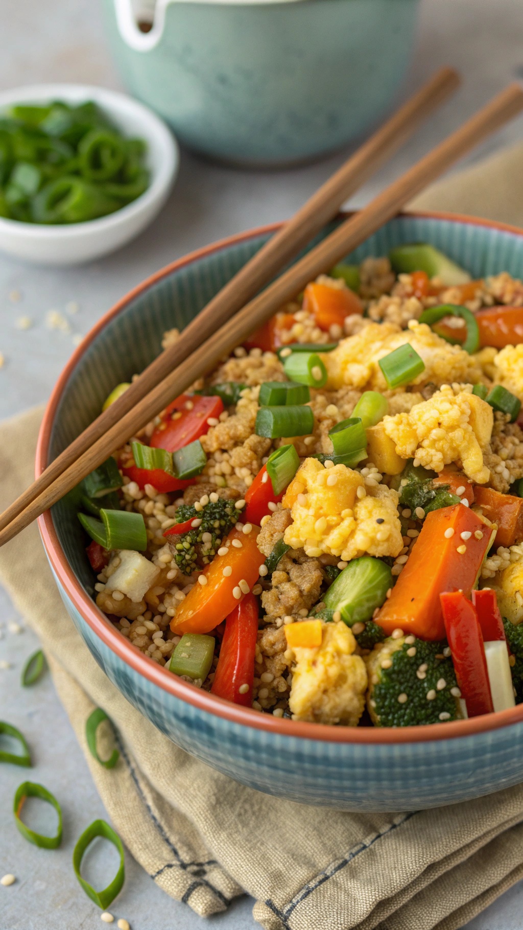 A colorful bowl of quinoa and egg stir-fry with vegetables, topped with green onions.