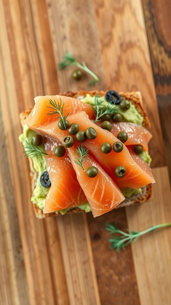 A delicious plate of smoked salmon and avocado toast topped with capers and dill.