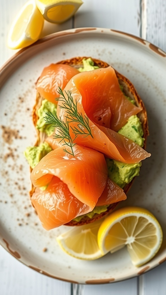 A plate of smoked salmon and avocado toast garnished with dill and lemon wedges.
