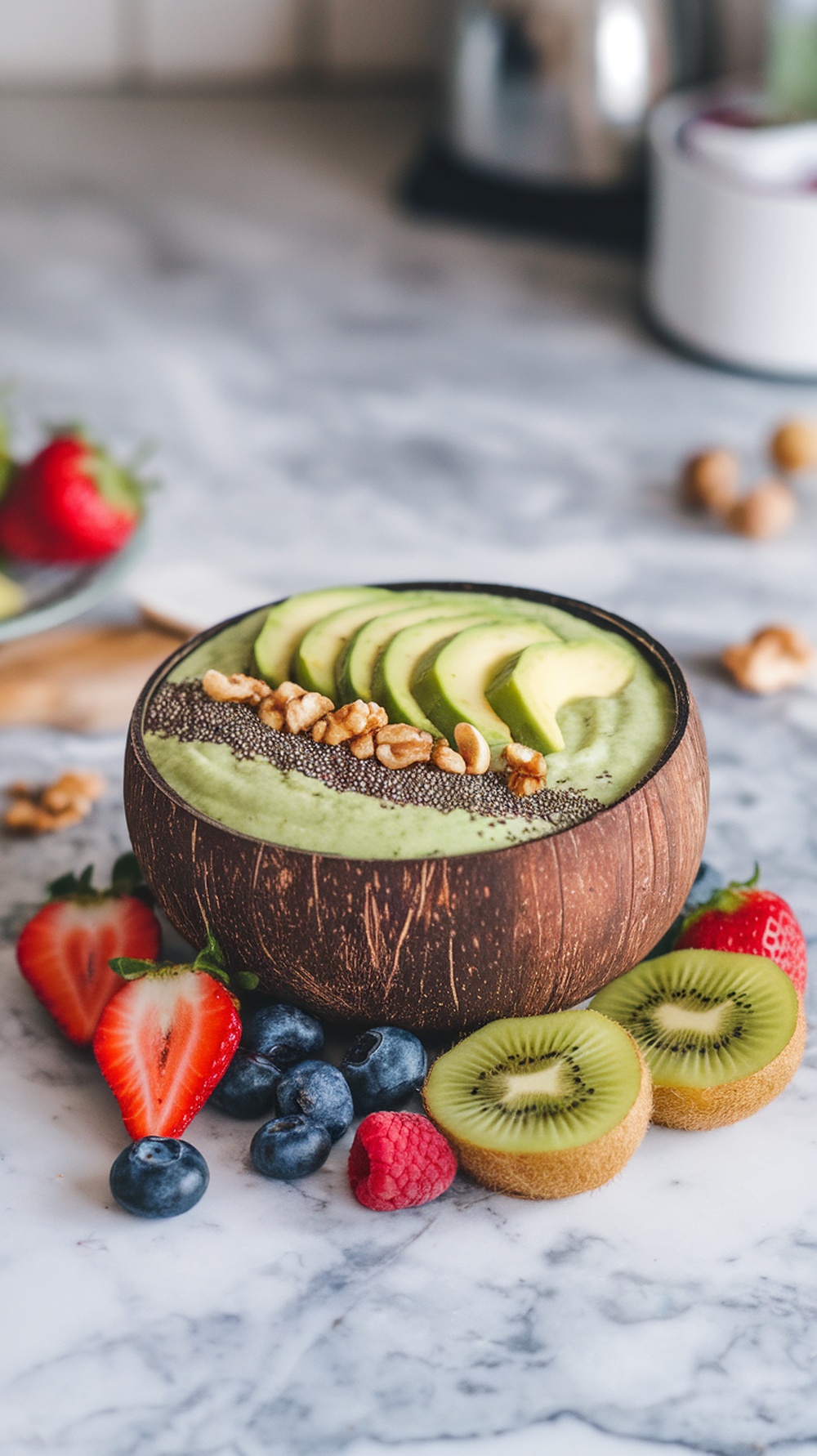 A protein-rich smoothie bowl with spinach and avocado, topped with fresh fruits and edible flowers.