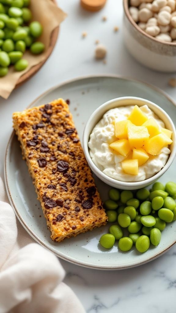 A plate with a protein bar, cottage cheese topped with mango, and edamame.