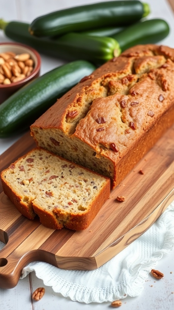 A loaf of protein-rich zucchini bread sliced on a wooden board, surrounded by fresh zucchinis and nuts.