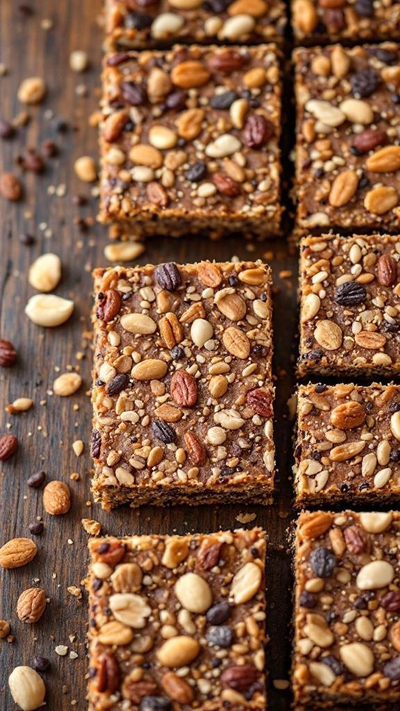 Homemade protein bars topped with nuts and seeds on a wooden surface
