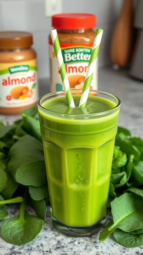 A green protein smoothie with spinach and almond butter in a glass, garnished with two striped straws.