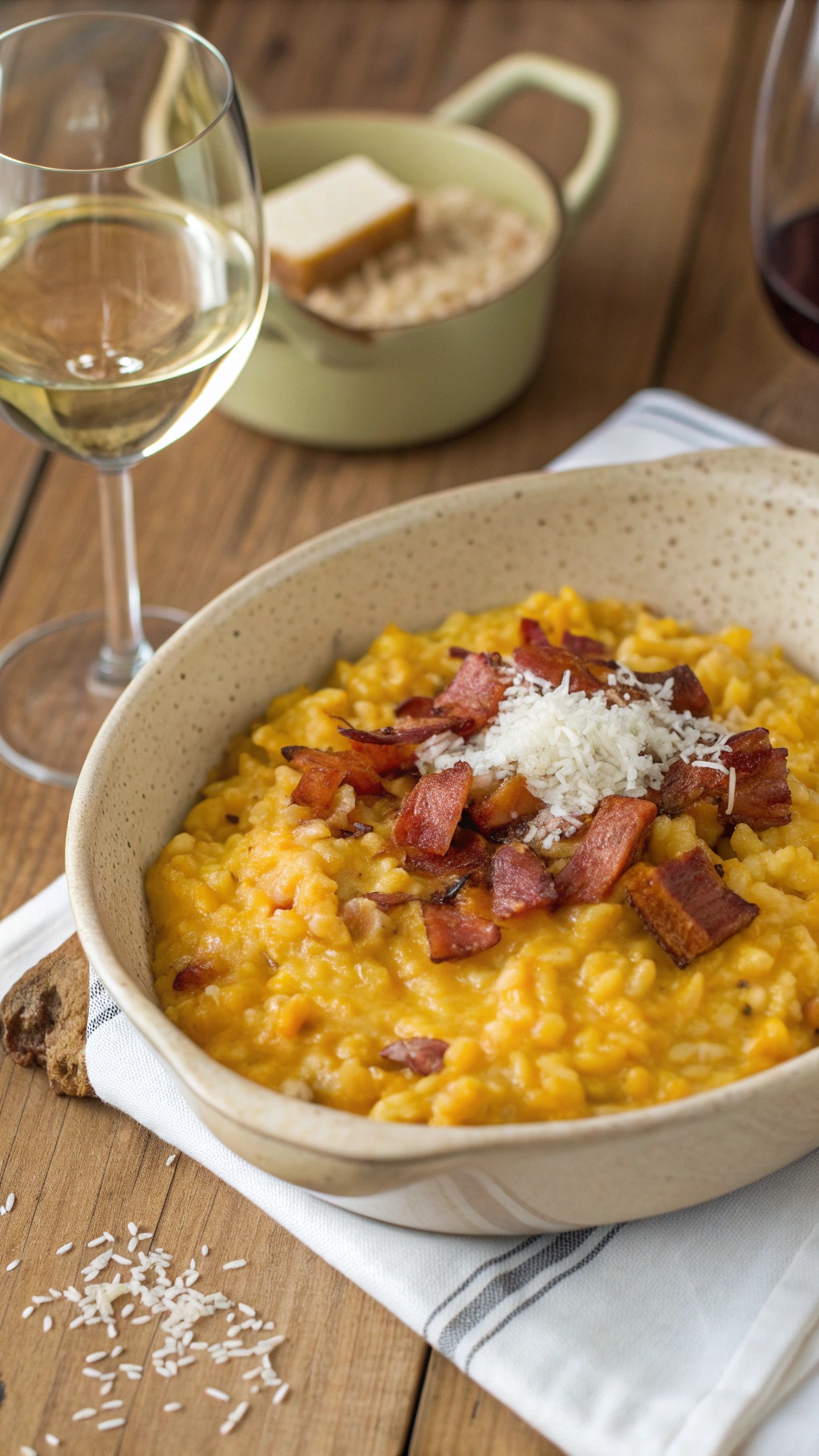 A bowl of pumpkin and bacon risotto topped with crispy bacon and cheese, with a glass of white wine in the background.