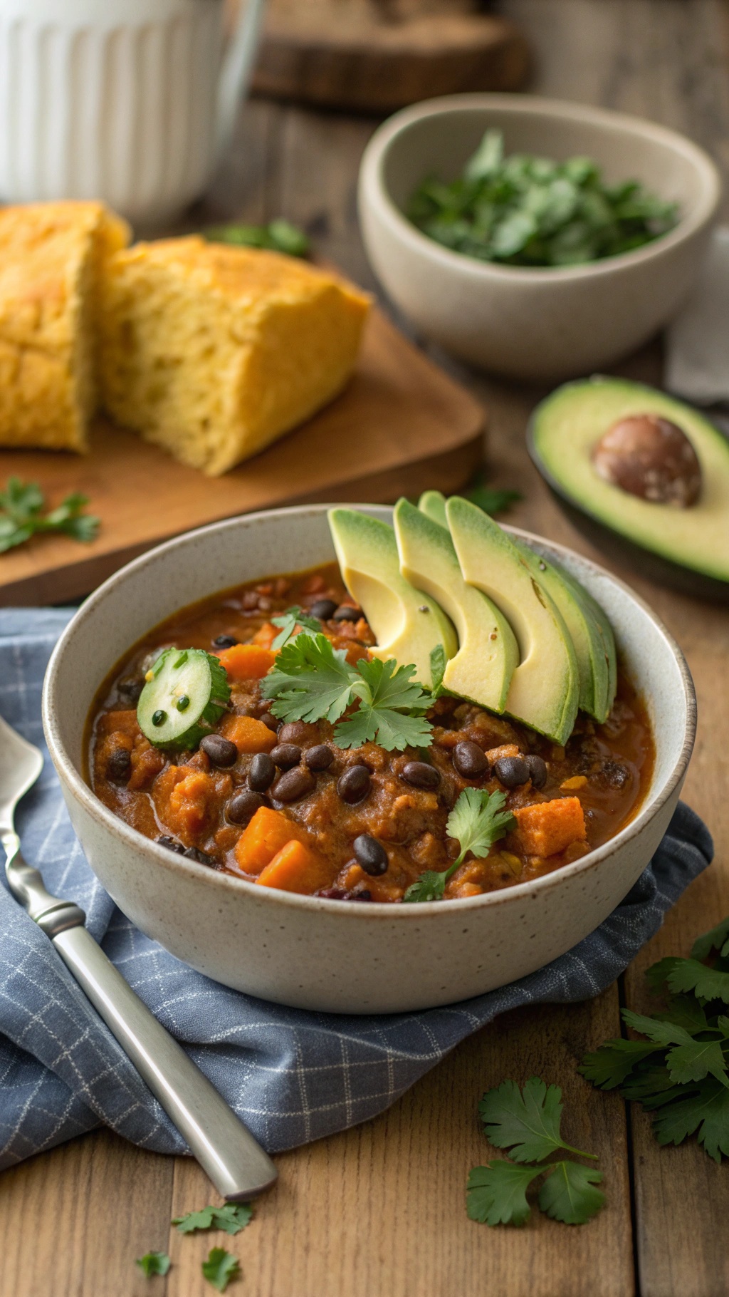 A bowl of pumpkin and black bean chili topped with avocado slices and cilantro, with cornbread in the background.