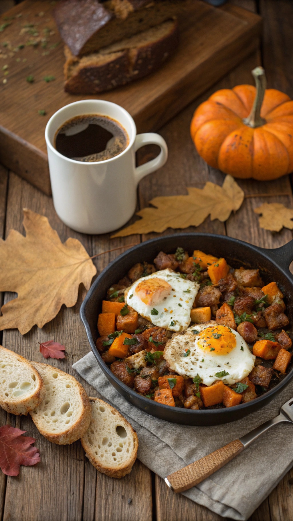 A hearty pumpkin and sausage hash served in a skillet with fried eggs on top, accompanied by coffee and bread.