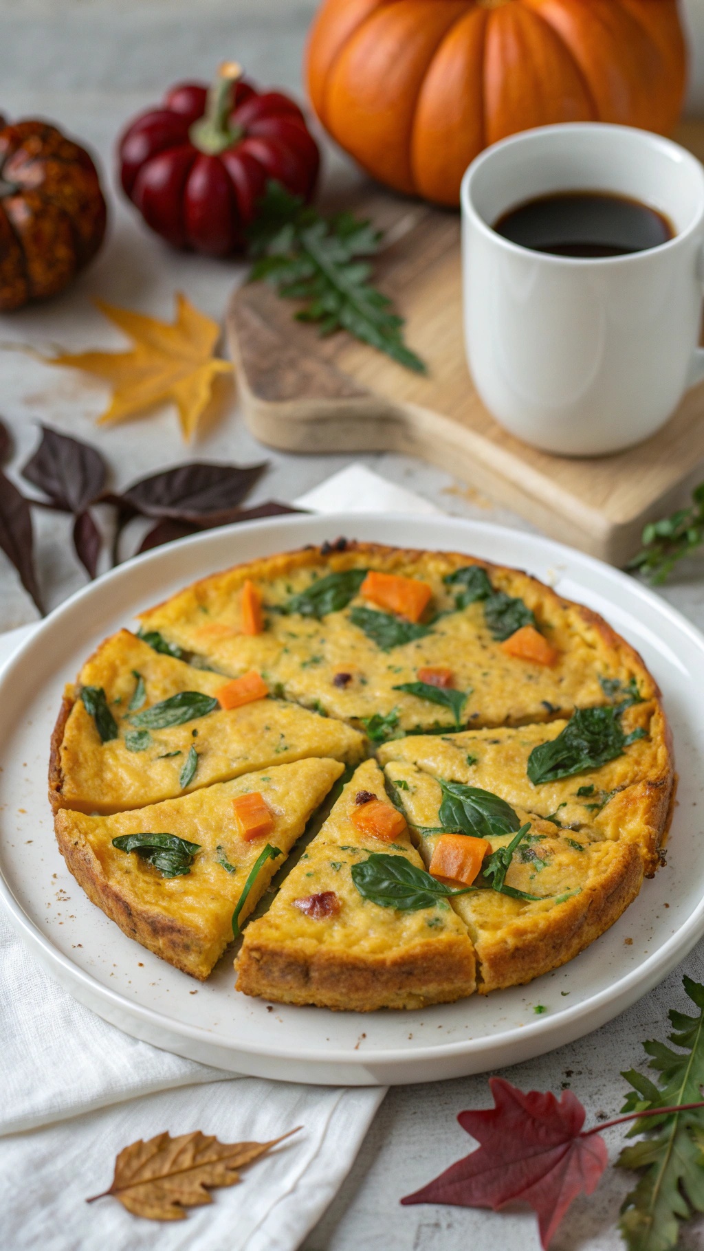 A slice of pumpkin and spinach frittata on a plate, surrounded by pumpkins and autumn leaves.