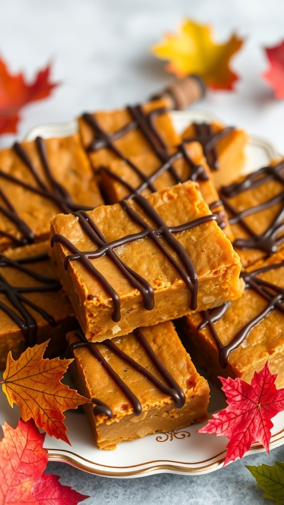 Pumpkin caramel bars drizzled with chocolate, surrounded by autumn leaves