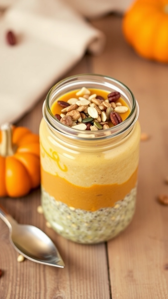 A jar of pumpkin chia pudding topped with nuts and seeds, with a small pumpkin in the background.