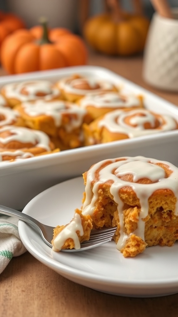 A delicious pumpkin cinnamon roll casserole served on a plate with a fork, drizzled with cream cheese frosting, and surrounded by pumpkins.