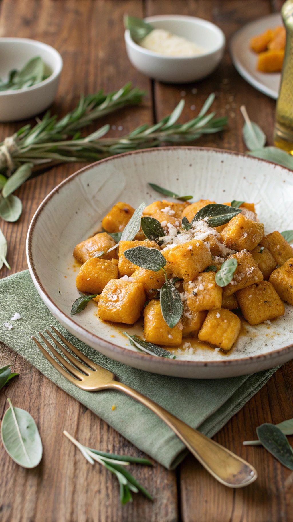 A plate of pumpkin gnocchi topped with sage leaves and Parmesan cheese, served on a rustic wooden table.