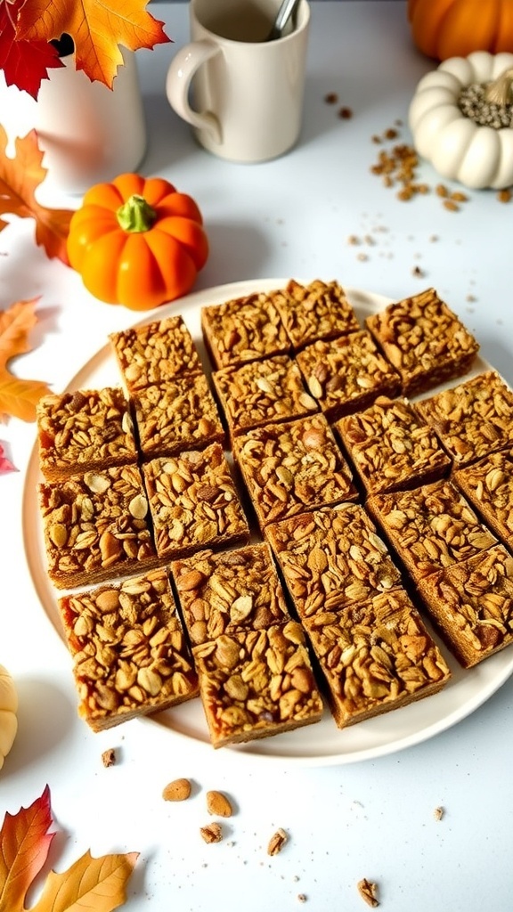 A platter of pumpkin granola bars cut into squares, surrounded by small pumpkins and autumn leaves.