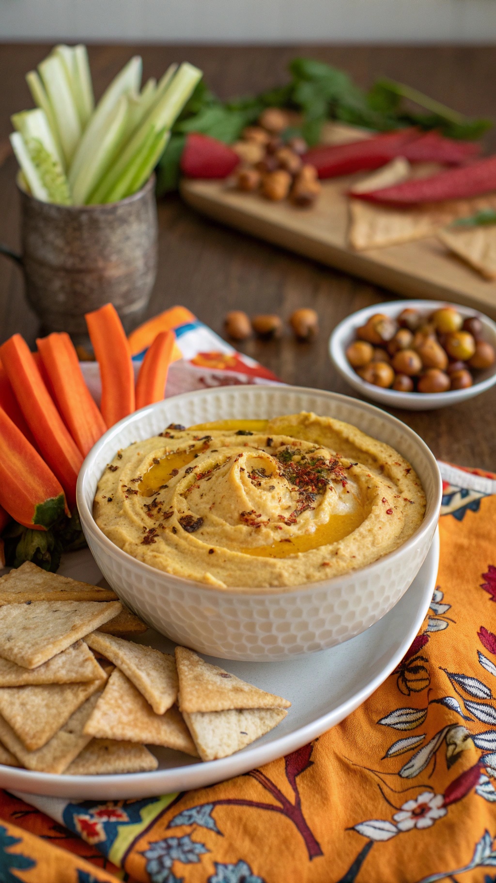 A bowl of pumpkin hummus surrounded by carrot sticks and crackers on a colorful tablecloth.
