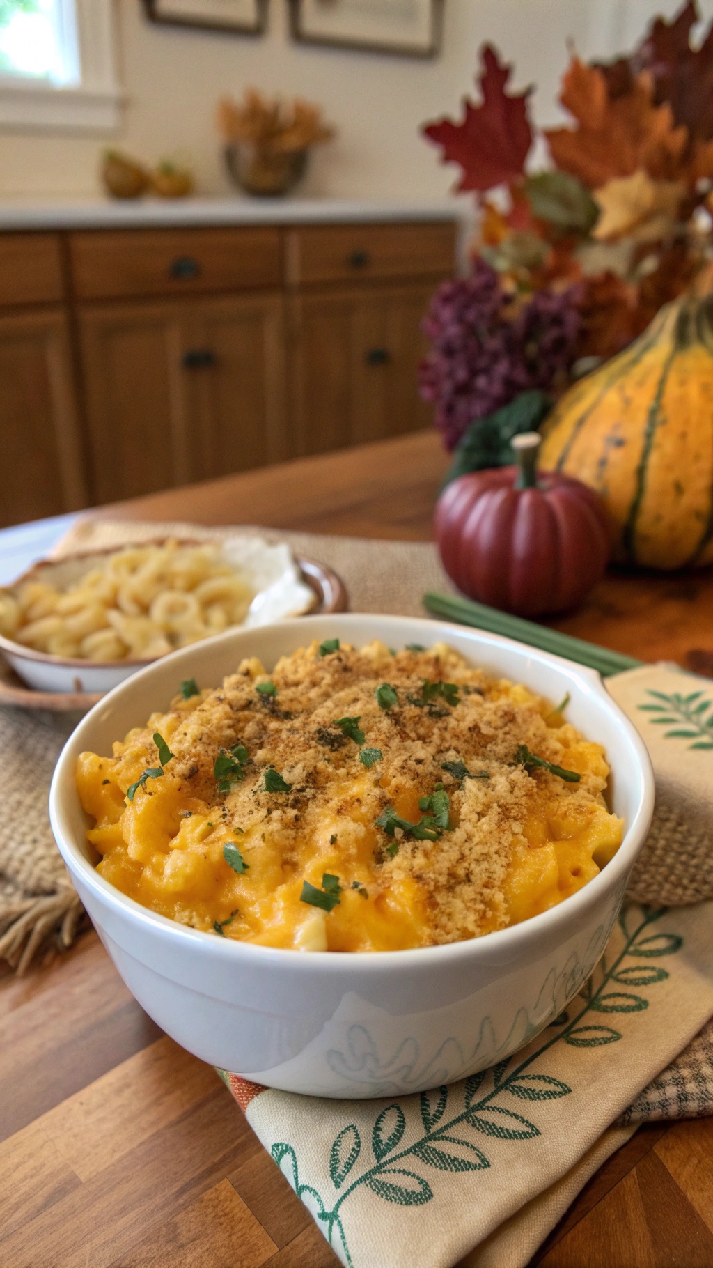 A bowl of pumpkin mac and cheese topped with breadcrumbs, surrounded by autumn decorations.