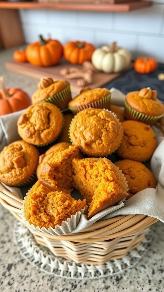 A basket filled with freshly baked pumpkin muffins, some with bites taken out, surrounded by decorative pumpkins.