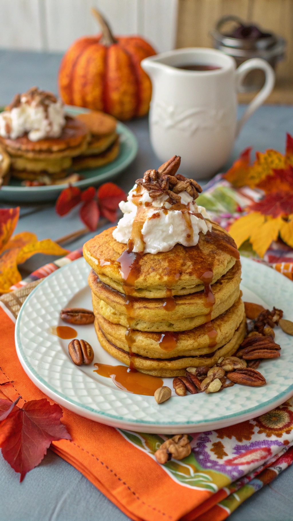 A stack of fluffy pumpkin pancakes topped with whipped cream, pecans, and syrup, surrounded by fall leaves and a small pumpkin.