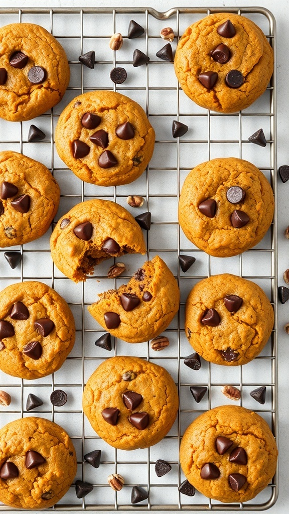 Chewy pumpkin protein cookies with chocolate chips on a cooling rack.