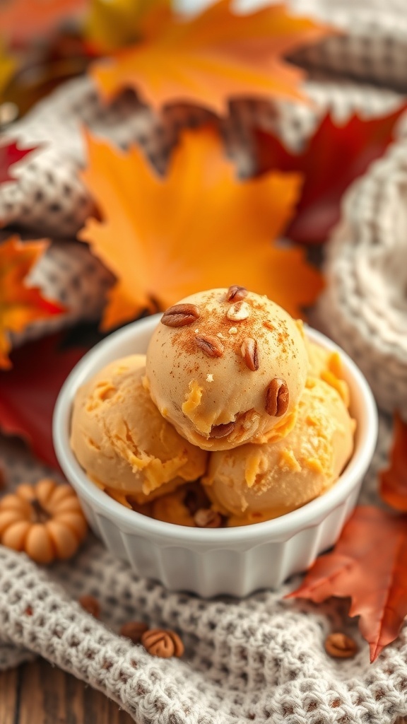 A bowl of pumpkin protein ice cream topped with pecans, surrounded by autumn leaves and a cozy knit blanket.