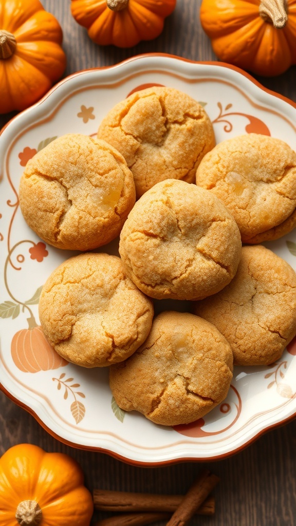 A plate of pumpkin protein snickerdoodle cookies with small pumpkins and cinnamon sticks in the background.