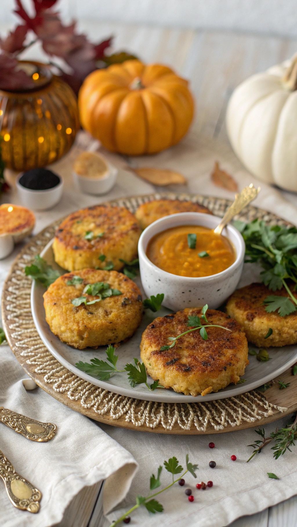 Crispy pumpkin risotto cakes served with a pumpkin dipping sauce, garnished with fresh herbs, surrounded by pumpkins and autumn leaves.