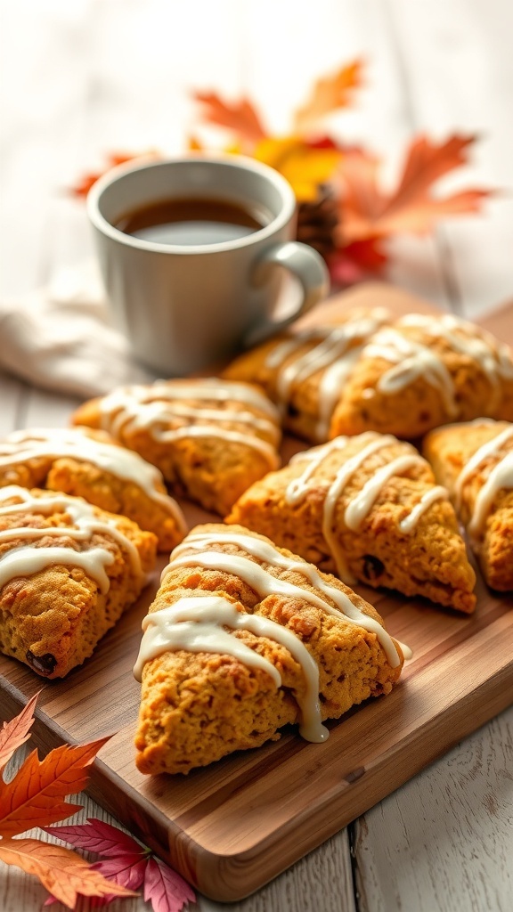 Pumpkin scones with spiced glaze served with a cup of coffee and autumn leaves